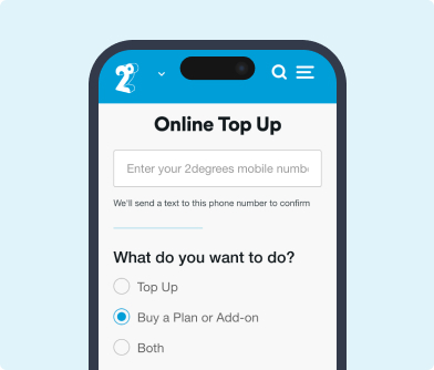 H&S - Add On - Screenshot Top up Screenshot of the mobile app showing the page to buy an add-on, process a top up or both on a light blue background