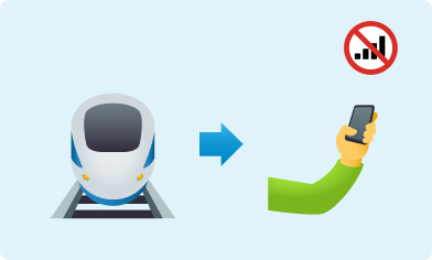 Examples of SAFE texts Emoji of a train and an arrow pointing to an emoji of an arm holding a mobile phone but the phone has no signal