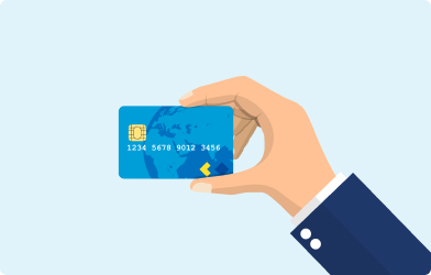 H&S - Holding a Card Image of an emoji hand holding a credit/debit card on a light blue background