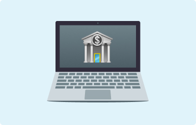 H&S - Internet Banking 2 Image of an emoji laptop and on the screen is an emoji of a bank building on a light blue background