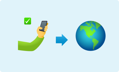 Using phone overseas Emoji of an arm holding a mobile phone and an arrow pointing to an emoji of a globe