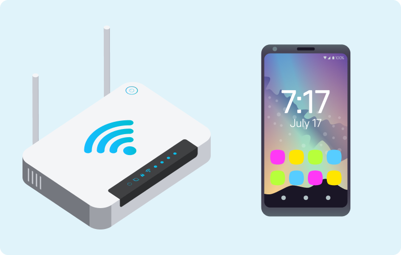 Broadband and Mobile Image of a broadband modem emoji and a mobile phone emoji side by side on a light blue background