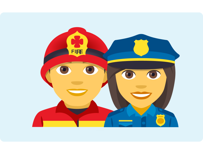 Emergency Services Image of a fireman emoji and a policewoman emoji on a light blue background