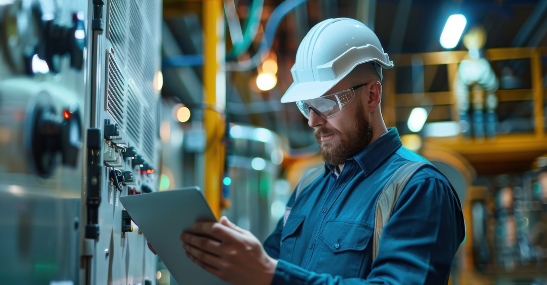 Constructions worker wearing a hardhat working on a tablet