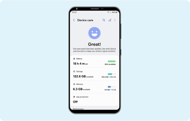 H&S - Trade In - Storage Screenshot of a Samsung phone showing the storage level of the device on a light blue background
