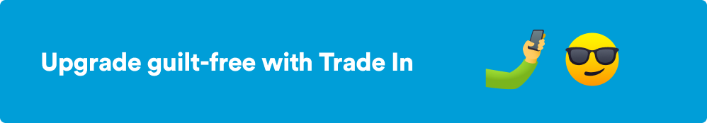 H&S - Trade In - Mini Banner - Emojis Banner saying Upgrade guilt-free with Trade In with an emoji of a arm holding a mobile phone and an emoji of a smiley face wearing sunglasses