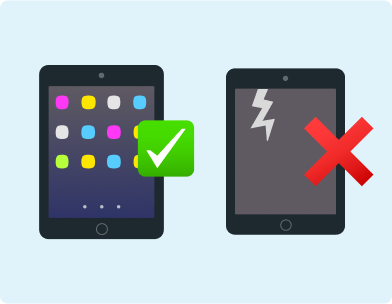 H&S - Trade In - Working Order Emoji of a working tablet with a tick beside it and an emoji of a broken tablet with a cracked screen with a cross beside it on a light blue background