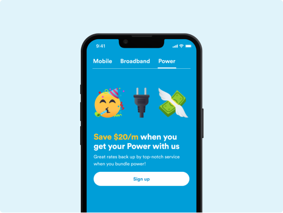 2degrees App - Save with bundled services Screenshot of the power tab in the mobile app providing the option to sign up for 2degrees Power