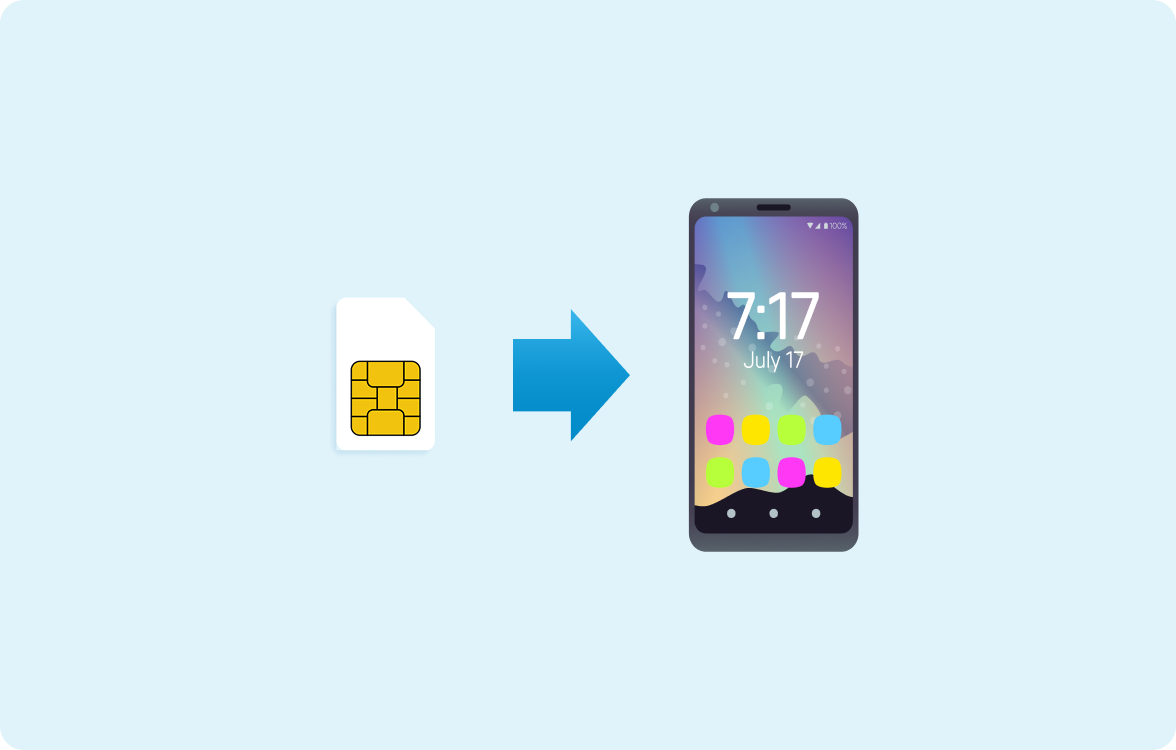 Sim card and mobile phone emoji Emoji of a sim card and an arrow pointing at an emoji of a mobile phone on a light blue background