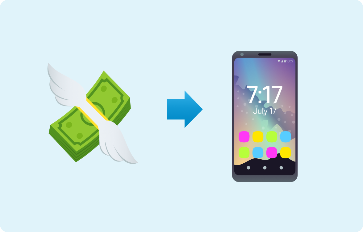 H&S - Emoji Paying for your phone Image of an emoji of money with wings and an arrow pointing towards an emoji of a mobile phone