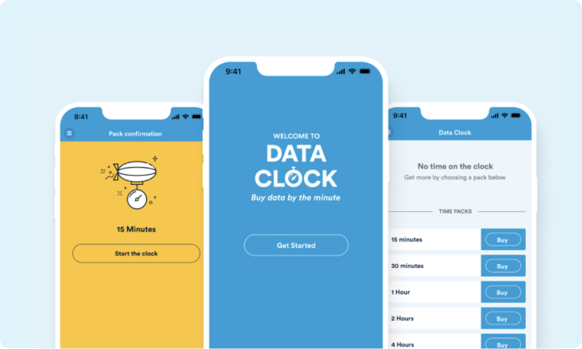 H&S - Getting Started - Data Clock Image of three different screens showing the Data clock app on a light blue background