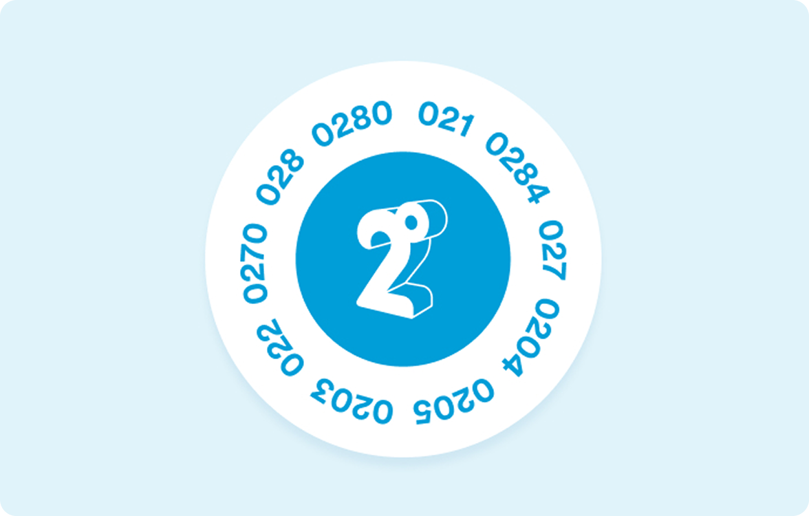 2degrees Logo with Prefixes 2degrees logo surrounded by different mobile prefixes that can be bought over to 2degrees to keep your number the same on a light blue background