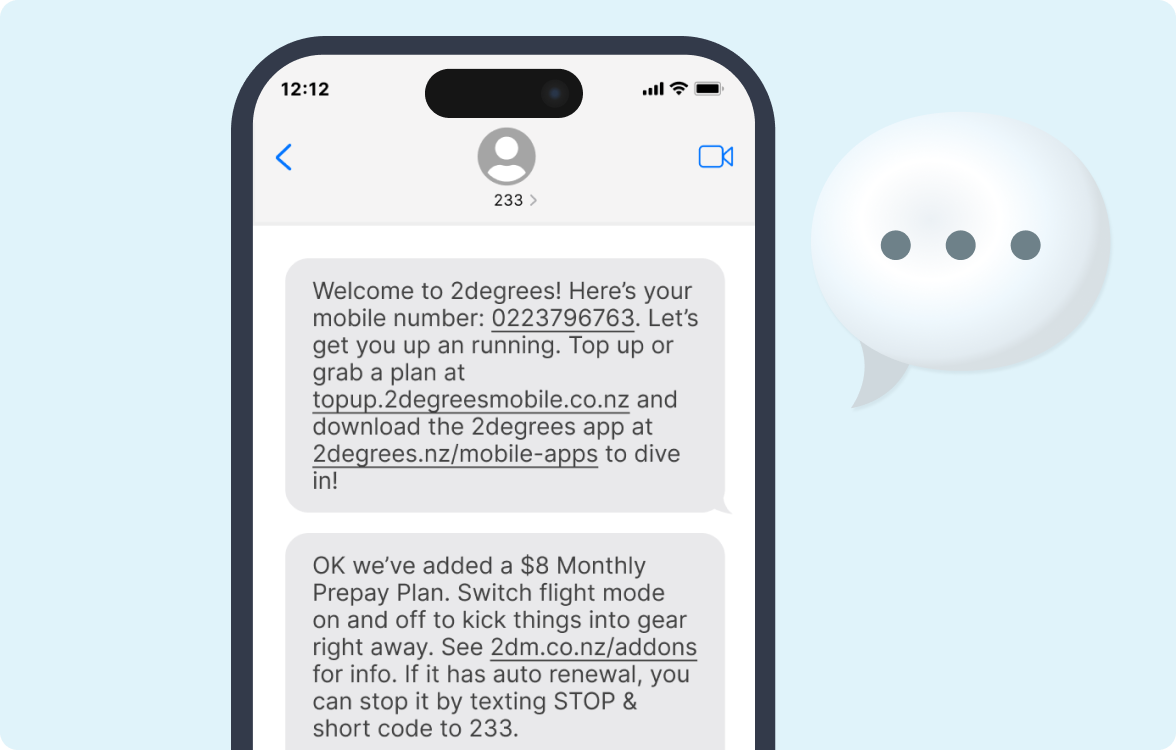 H&S - Text Message Image of text messages that should be received when setting up a new sim card and adding a plan