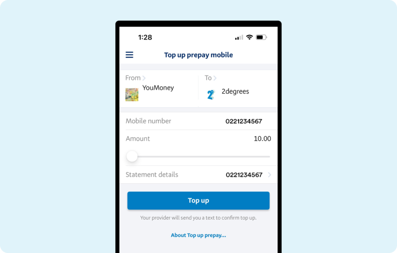 H&S - Prepay Top Up - BNZ Screenshot of the BNZ mobile app being used to top up a prepaid mobile