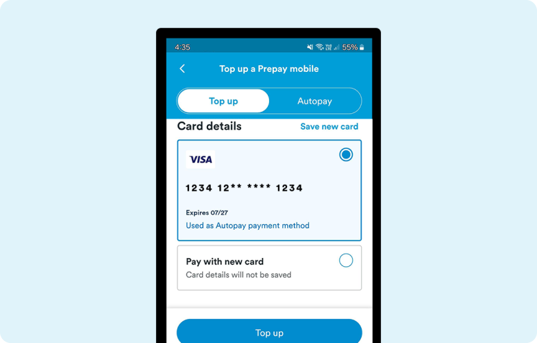 H&S - Prepay Top Up - Saved Card Screenshot of the mobile app showing a saved card for a top up method