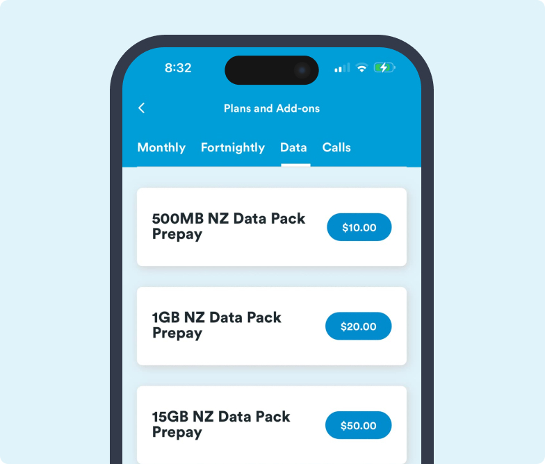 H&S - Data Add Ons Screenshot of the Data Add ons page on the mobile app