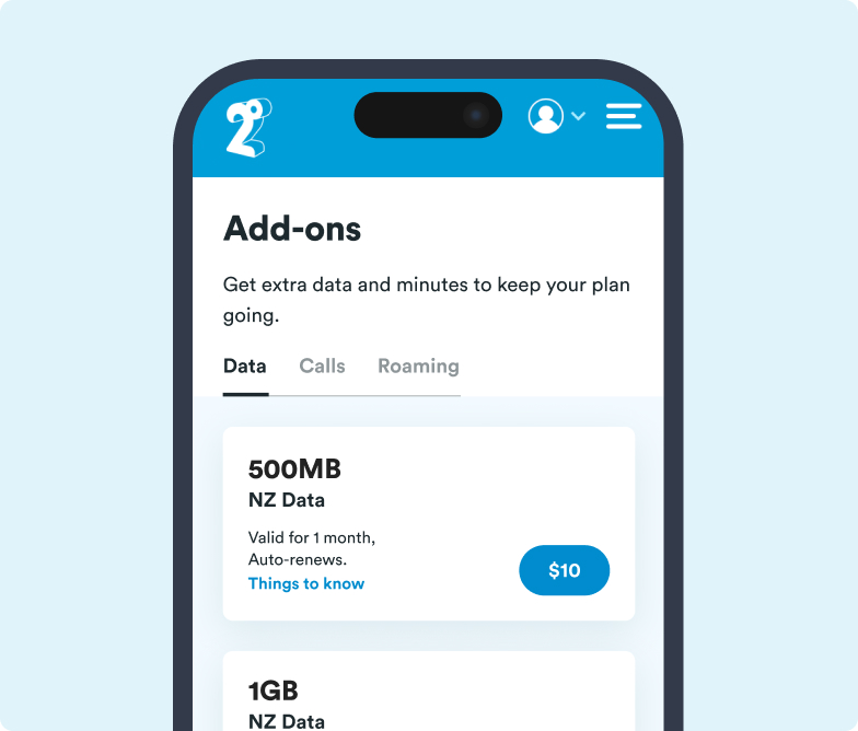 buy add-ons - My 2degrees screengrab of the add ons page in My 2degrees