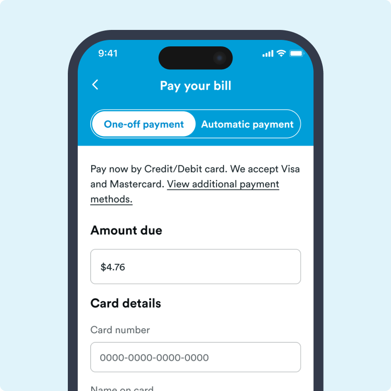 H&S - One off Payment - Card Screenshot of the mobile app showing where to make a one off payment