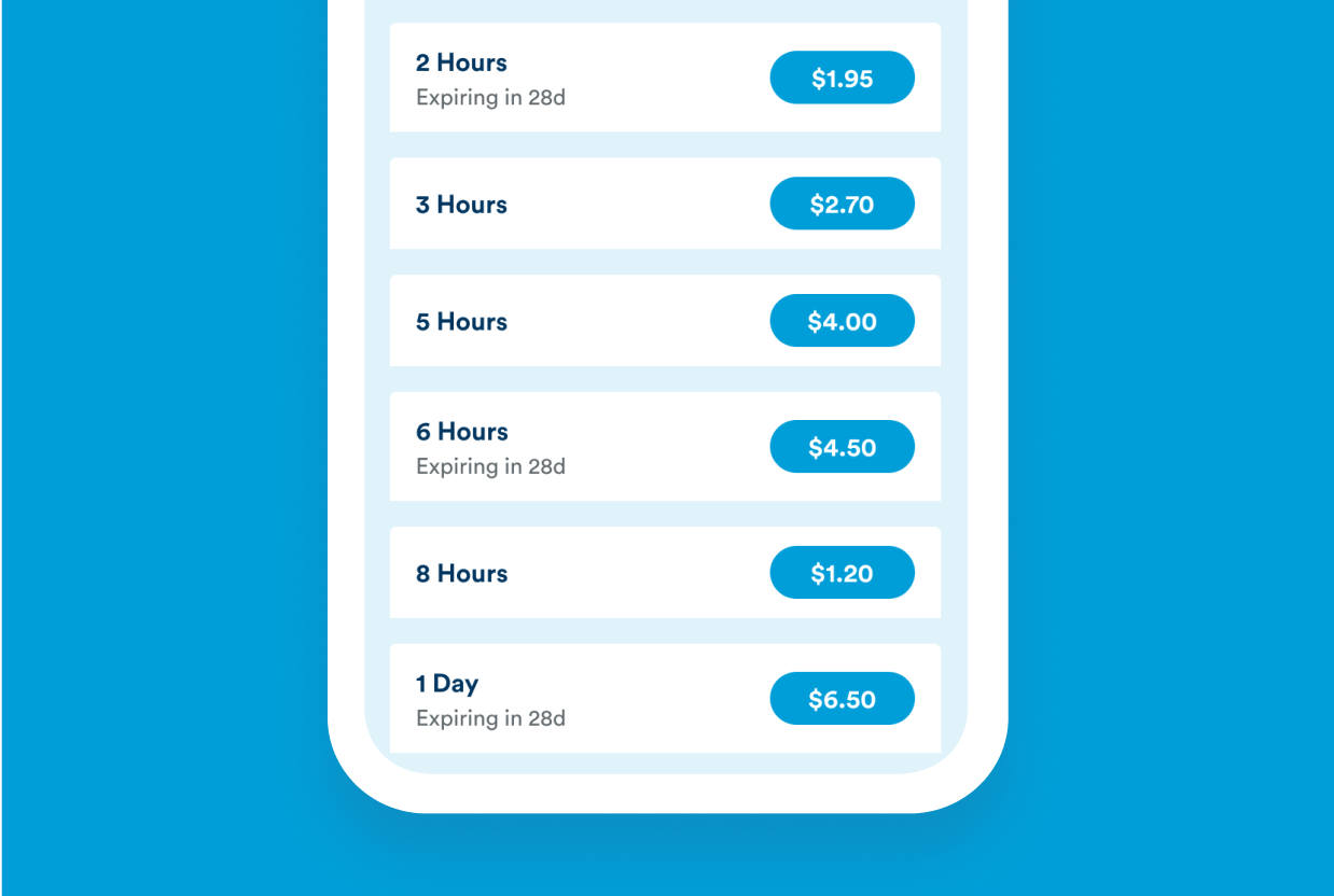Data Clock - Buy 1 Day of data Screenshot showing the list of data clock packs for purchase