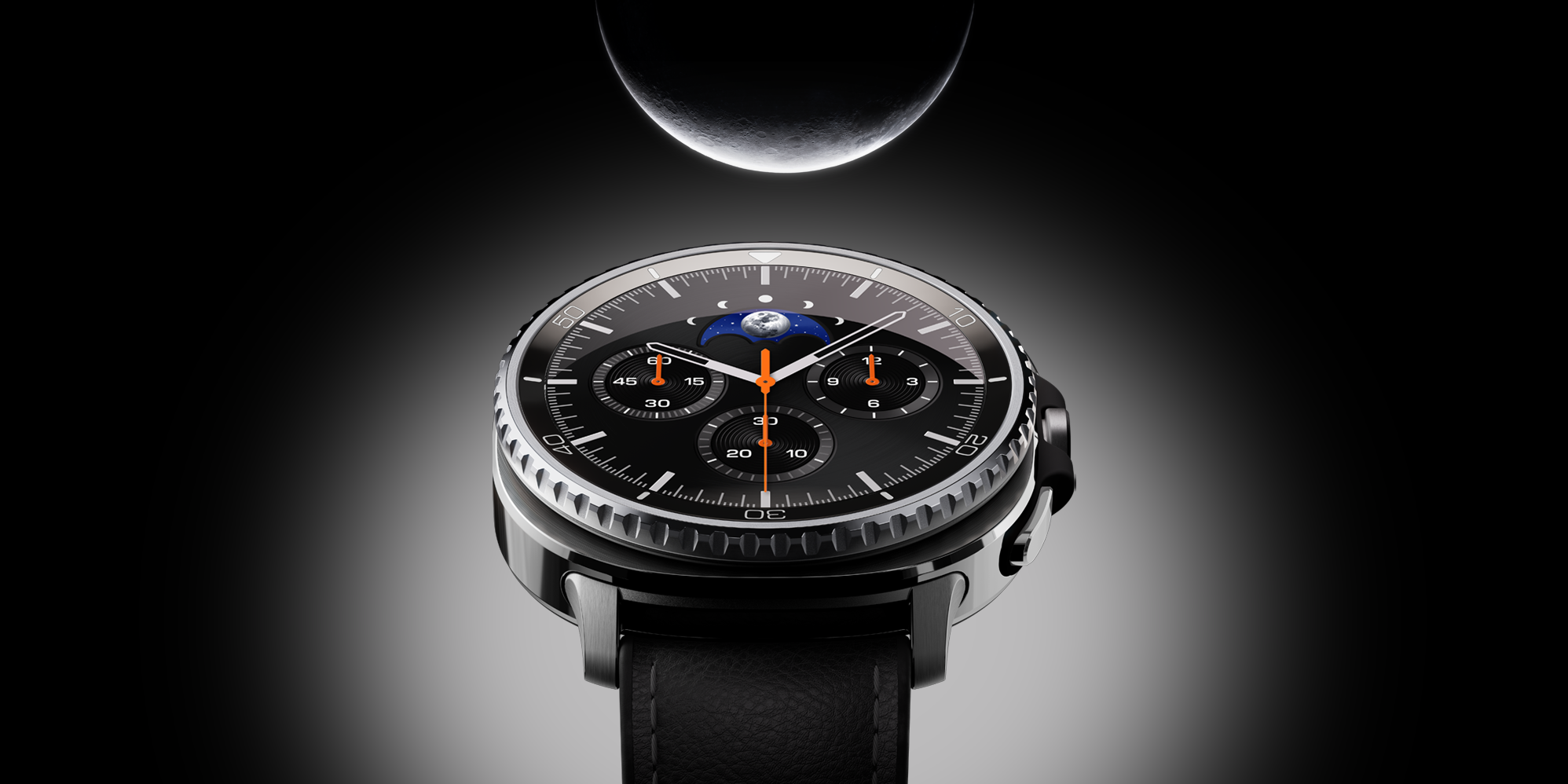 Banner - Samsung - Watch8 Classic - Right Samsung Watch8 Classic Smartwatch with a glow behind it and the moon at the top of the image
