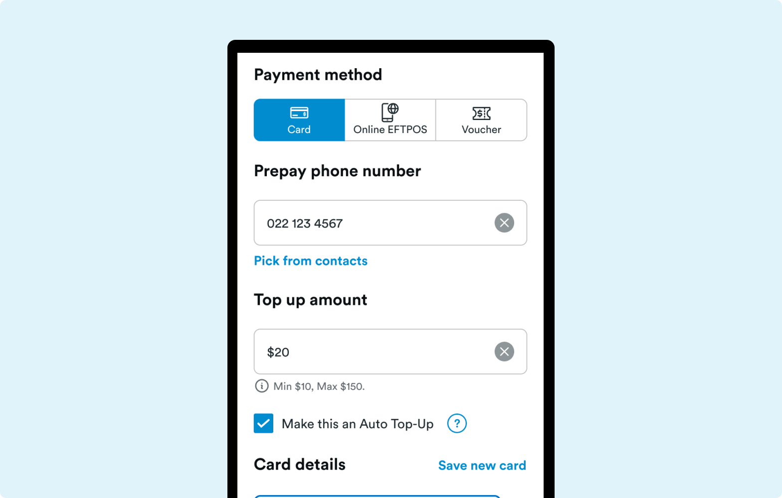 H&S - Payments - 2degrees App - Auto Top Up Screenshot of the mobile app payments screen showing the options to set up an automatic top up with a card