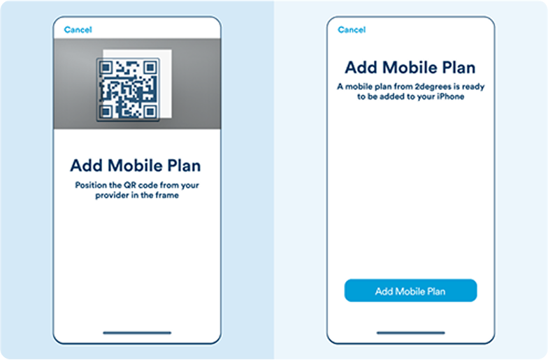 Illustration of a smartphone scanning a QR code for an eSIM and getting the option to add a mobile plan