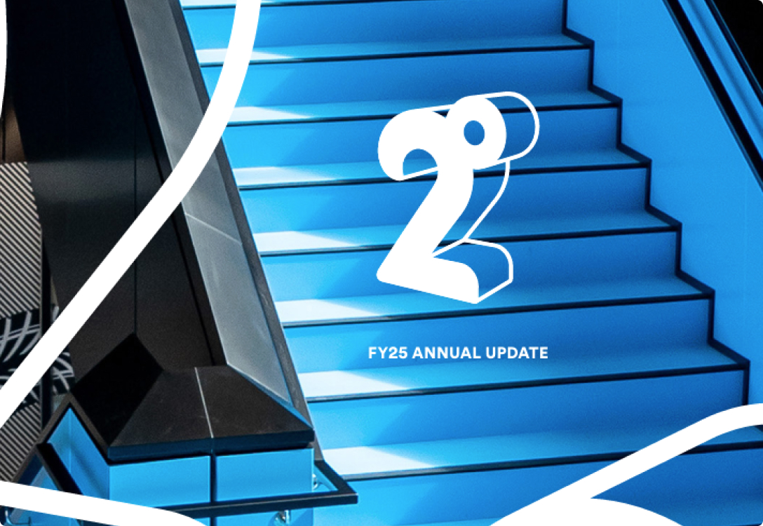 white 2degrees logo overlayed on a photo of the blue stairs in the 2degrees head office