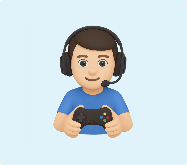 3D emoji of a boy playing video games and wearing headphones