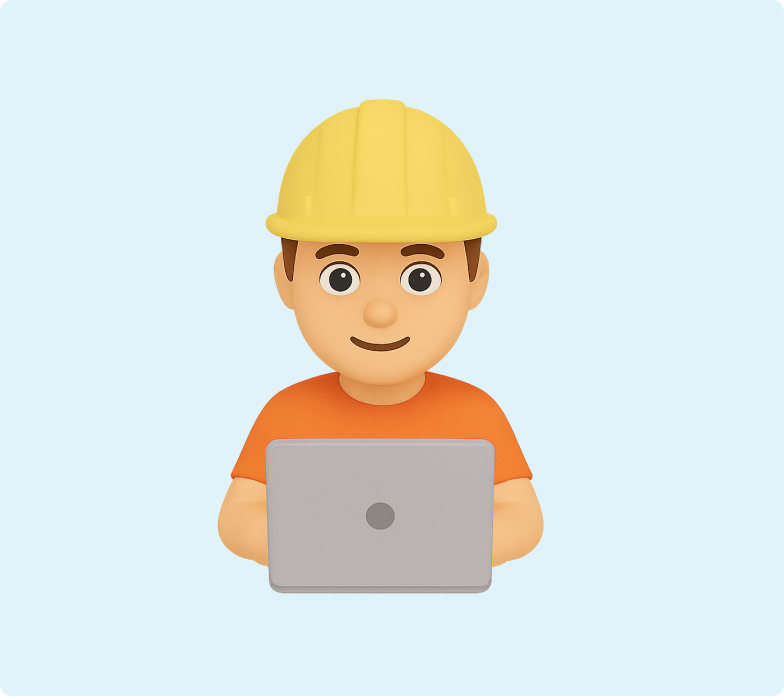 A 3D emoji of a builder working on a laptop while wearing a hardhat