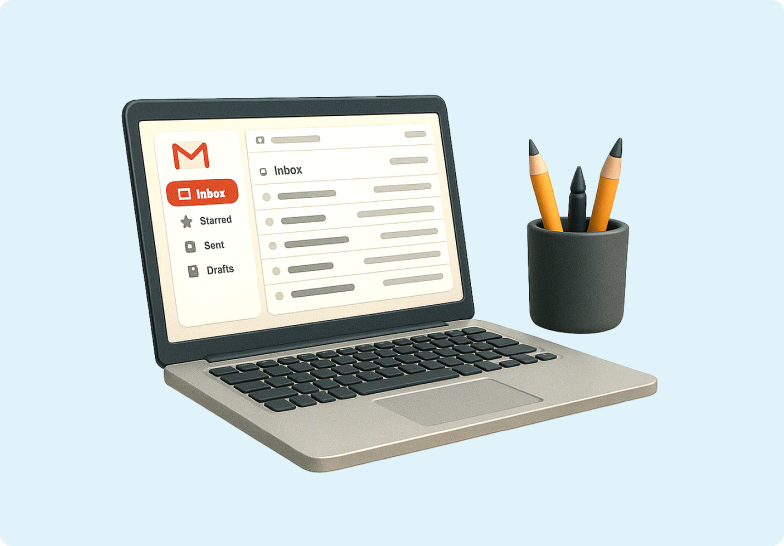 H&S - Broadband Article - Choose speed based on your real usage 3D emoji of a laptop opened to Gmail and a container of pencils beside the laptop