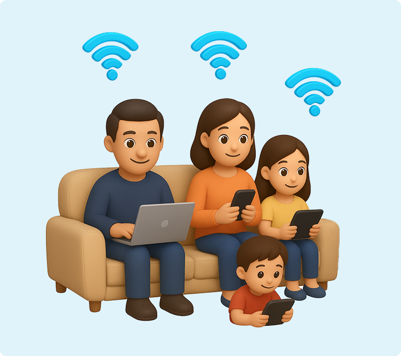3D emoji of a family sitting on and around a couch with the father on a laptop, mother on her phone, daughter on a tablet and son sitting in front of the couch on a tablet