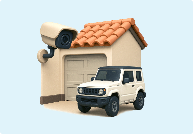 H&S - Broadband Article - Smart homes and background usage 3D emoji of a house and a security camera pointing at the Suzuki Jimny parked outside