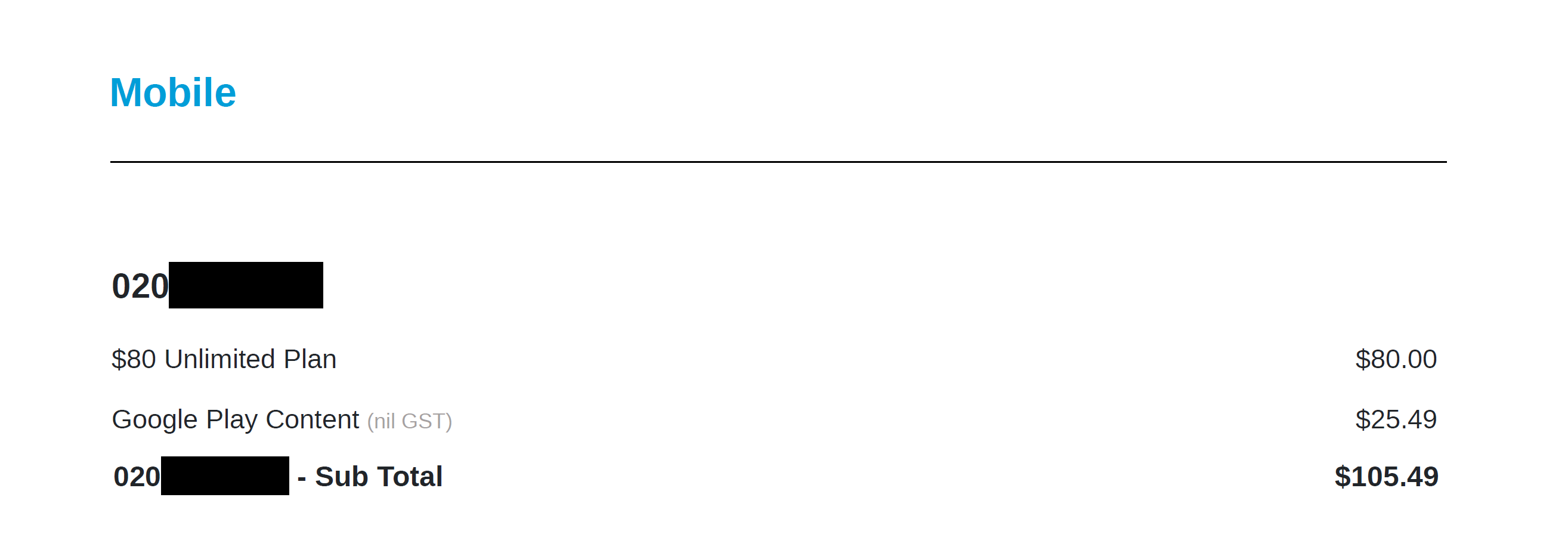 Pay Monthly Bill Screenshot of a 2degrees invoice showing Google Play charges