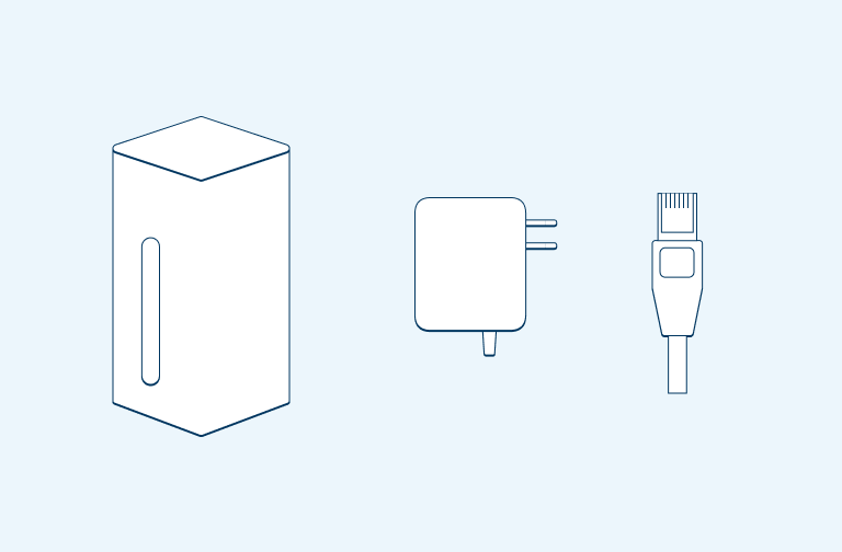 Image of a modem, a ethernet cable and a power adapter on a light blue background