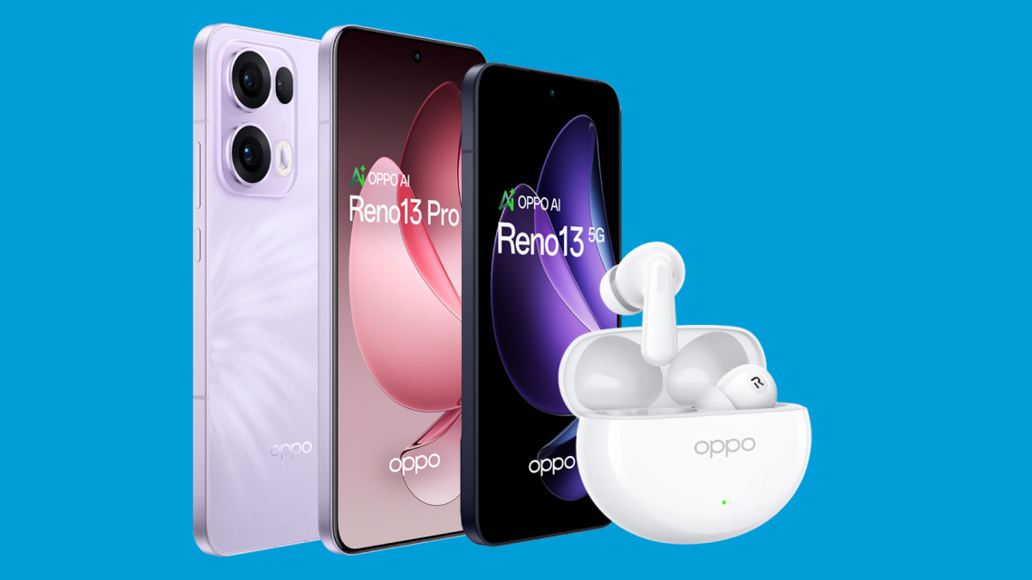 OPPO Reno13 and Reno13 Pro smartphones with a pair of OPPO Enco Air 4 Pro buds