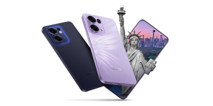 Image of OPPO Reno13 Series smartphones and the Statue of Liberty