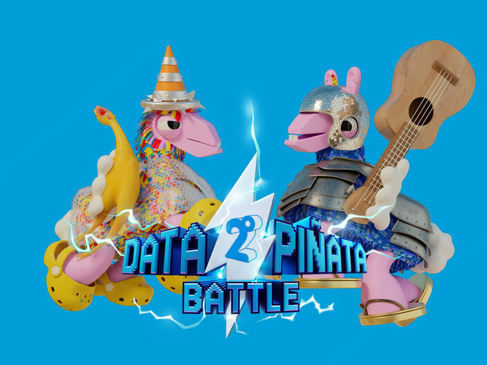two 3d animated pinatas face to face with the title data pinata battle beneath them on a blue background